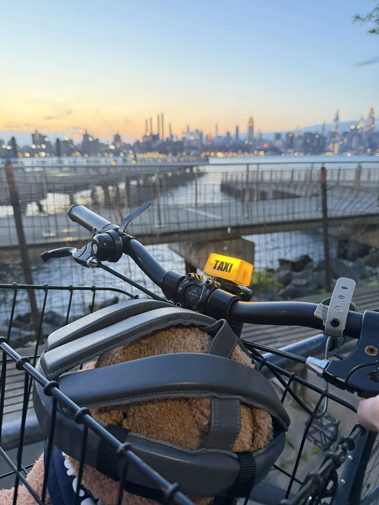 Taxi Bike Buddy on a flat-bar bicycle overlooking the New York skyline at sunset