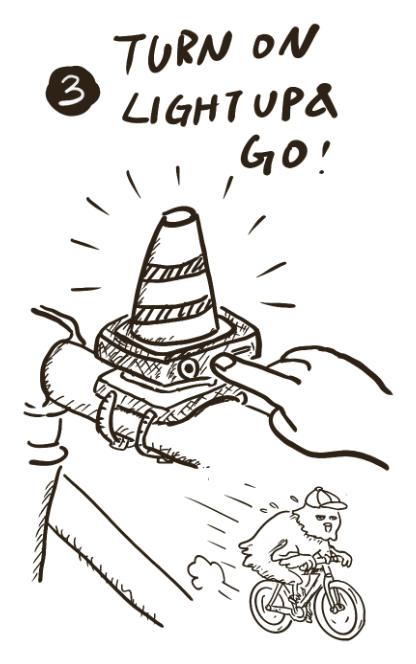 Illustration showing a Bike Buddy lit up on the handlebar
