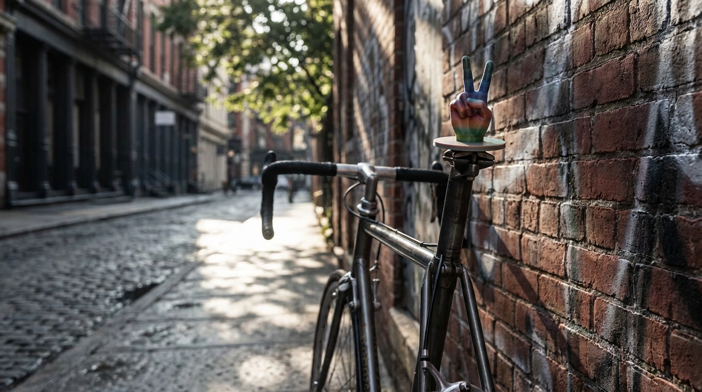 Peace sign stem cap, SoHo cobblestone street