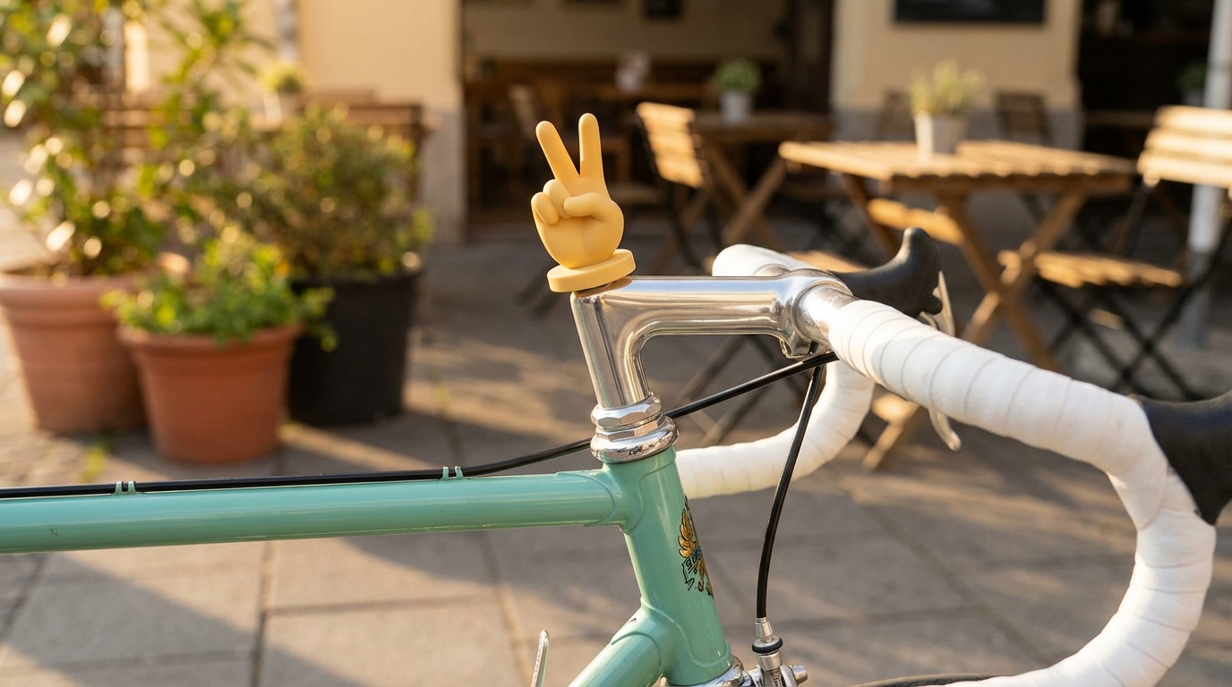 Peace sign, Bianchi at cafe